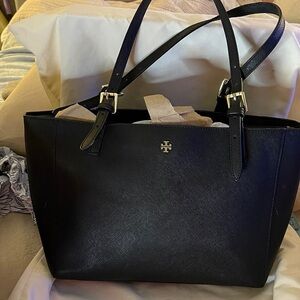 Tory Burch Black Saffiano Leather Tote with Gold Accents